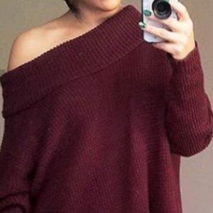 Oversized Off the Shoulder Maroon Sweater